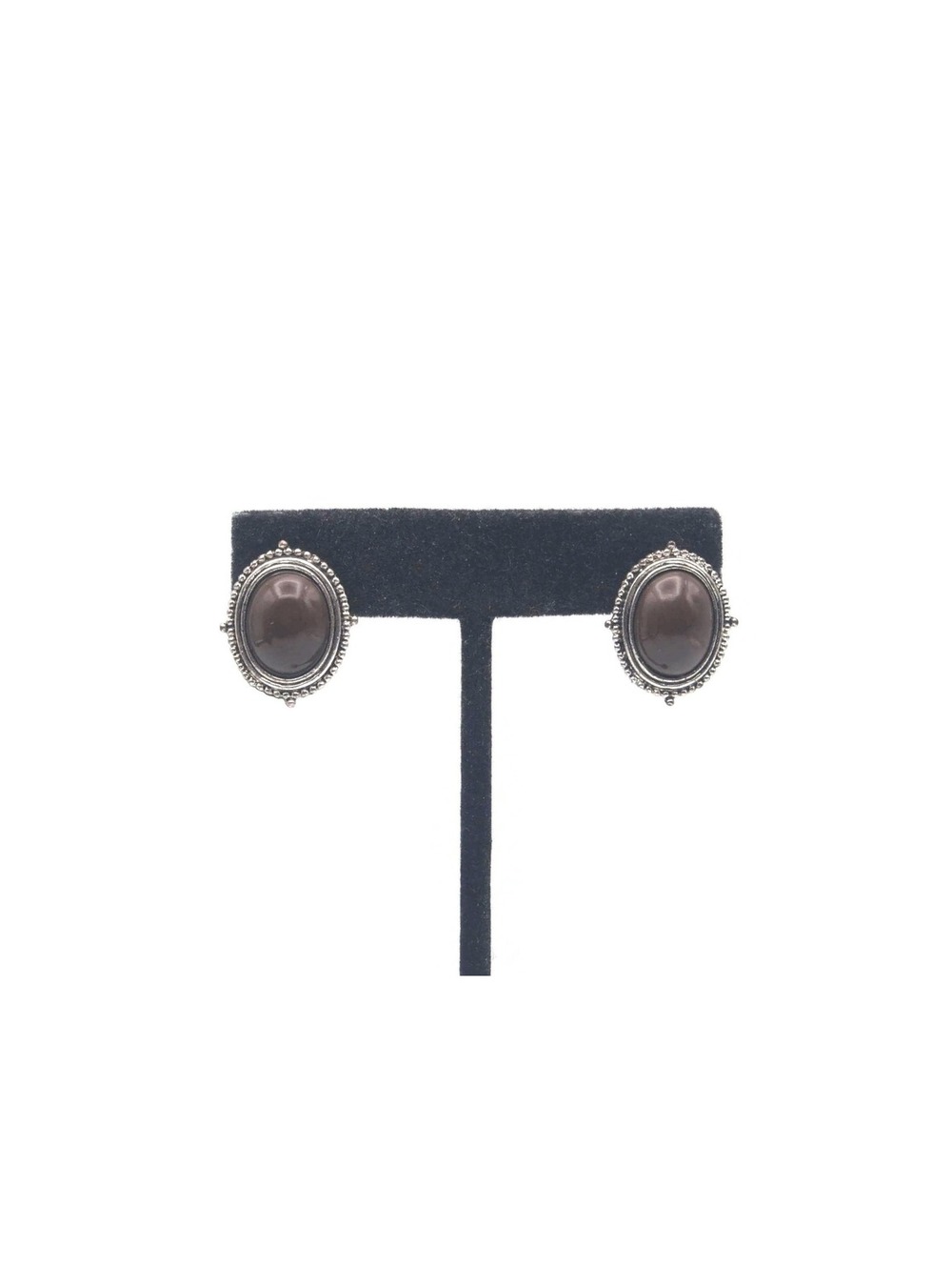 Vintage Silver Tone and Brown Lucite Plastic Oval Stud Earrings.